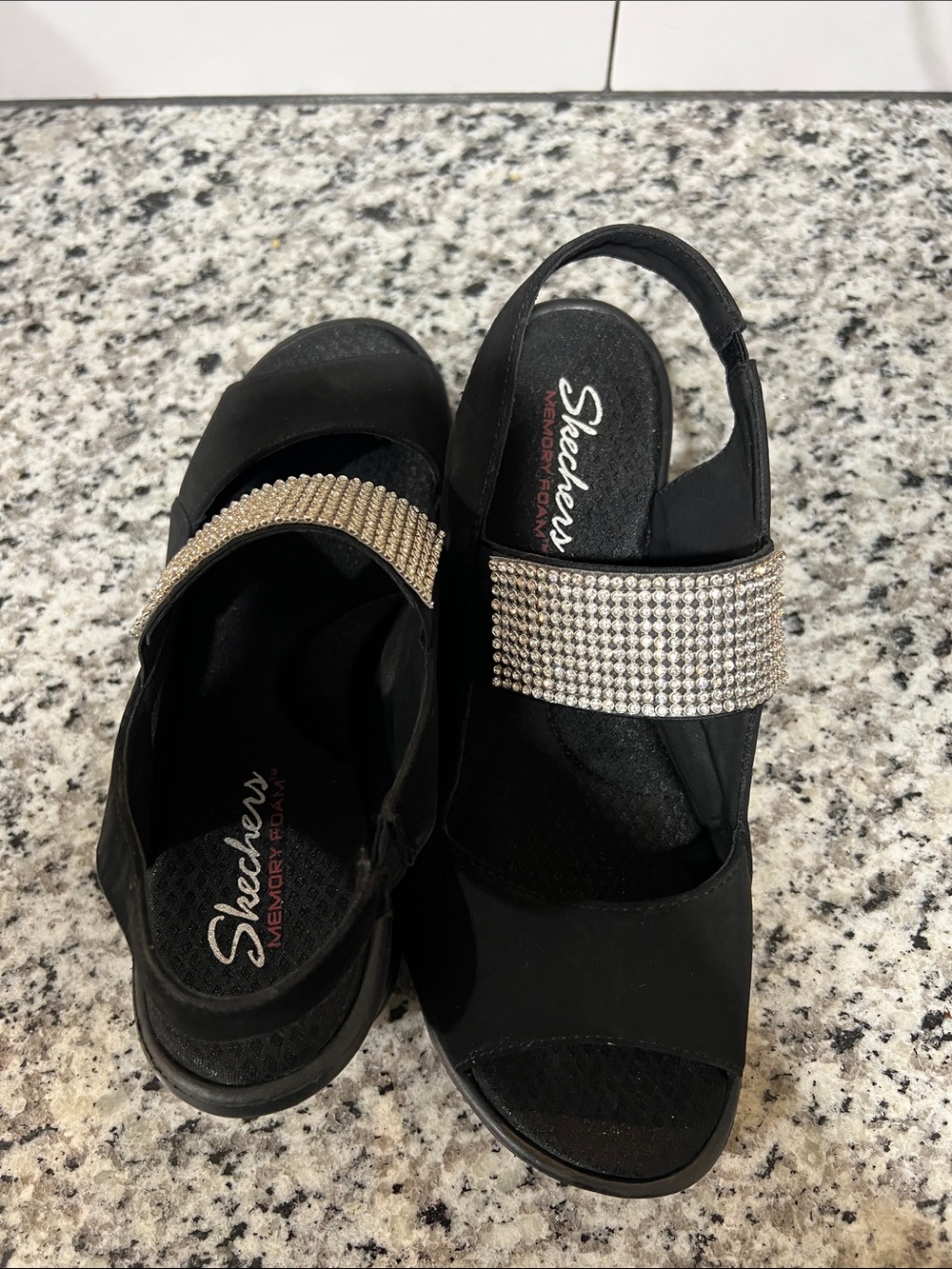 Skechers Black Slingback Sandals with Sparkling Crystal Strap